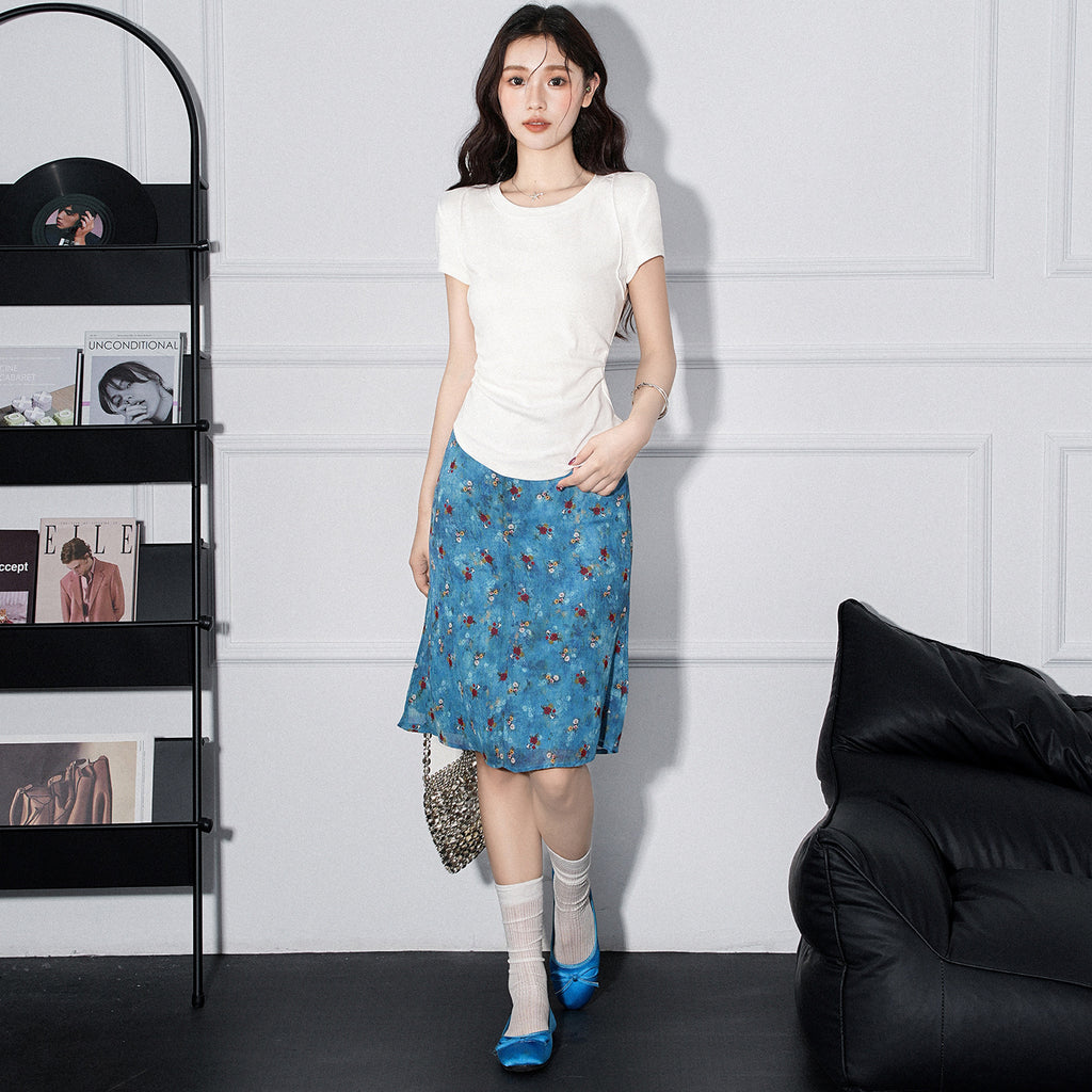 Round Neck Pleated Irregular Hem Short Sleeve T-Shirt for Women eprolo