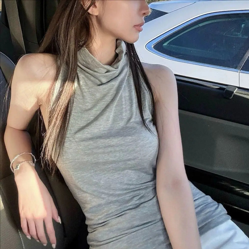Twisted Back High Neck Stack Neck Sleeveless Top with Open Back eprolo