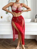 Embroidered Bra Split Red Three Piece Set Sexy Underwear for Women eprolo