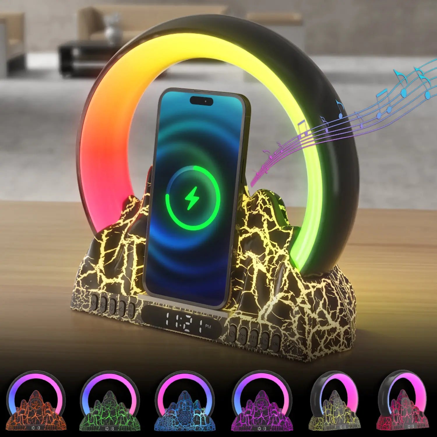 Smart Tuya APP Sunrise Flame Mountain Alarm Clock Night Lights 15W Wireless Charing BT Speaker White Noise LED Table Lamp eprolo