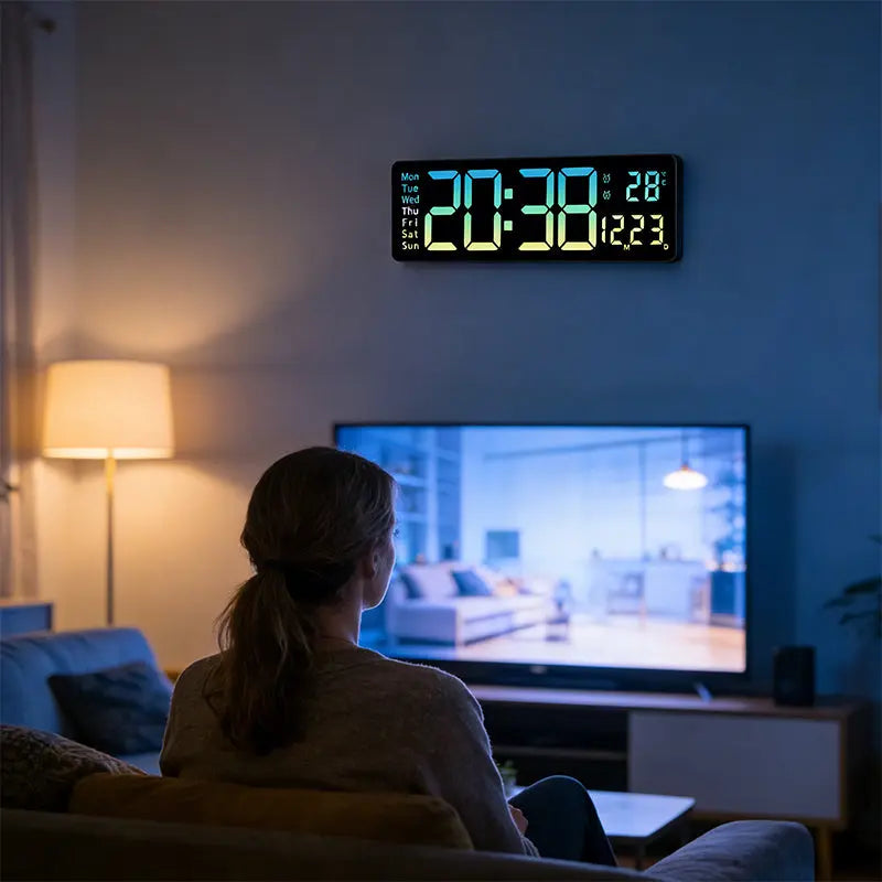 Large Digital Wall Clock with Remote Control, Temperature, Date, Week Display, Memory Function, Dual Alarms, and LED Wall Mount eprolo