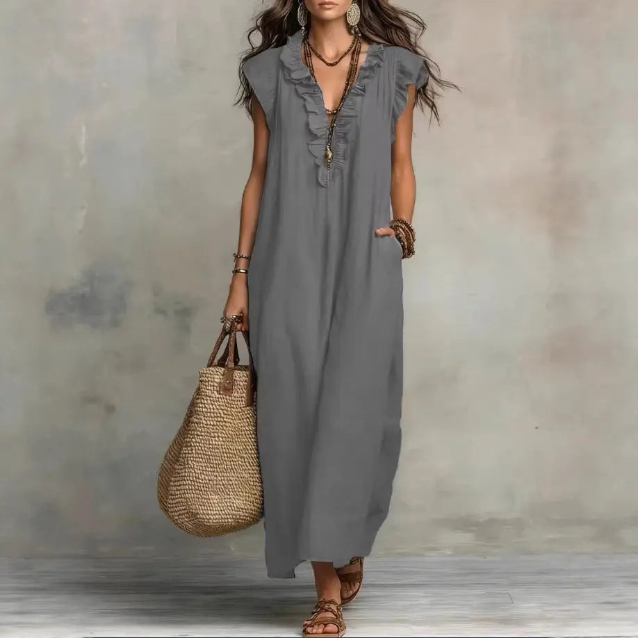 Solid color sleeveless V-neck vacation long dress eprolo