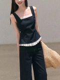 Bohemian Lace Denim Strap Wide-Leg Pants Set Sun-Kissed Look eprolo