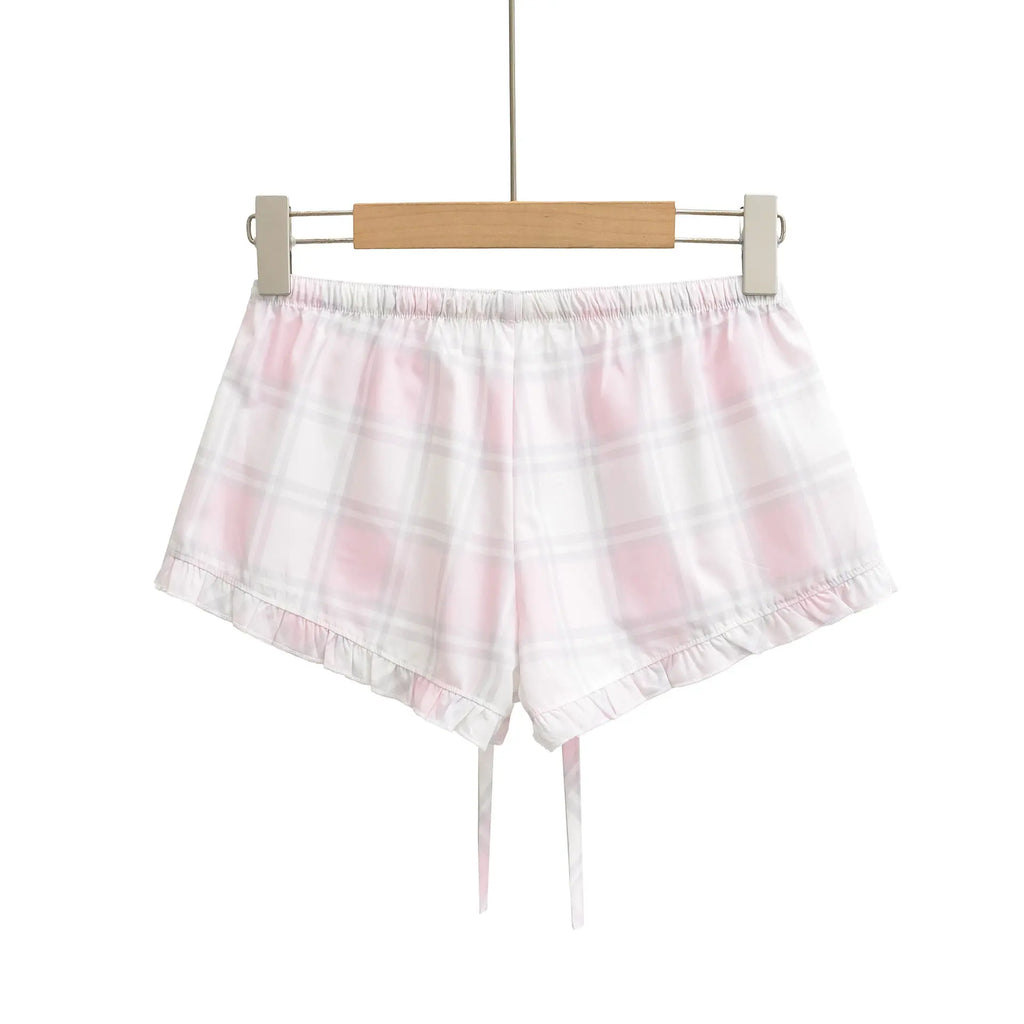High waisted elastic waisted pink checkered shorts My Store
