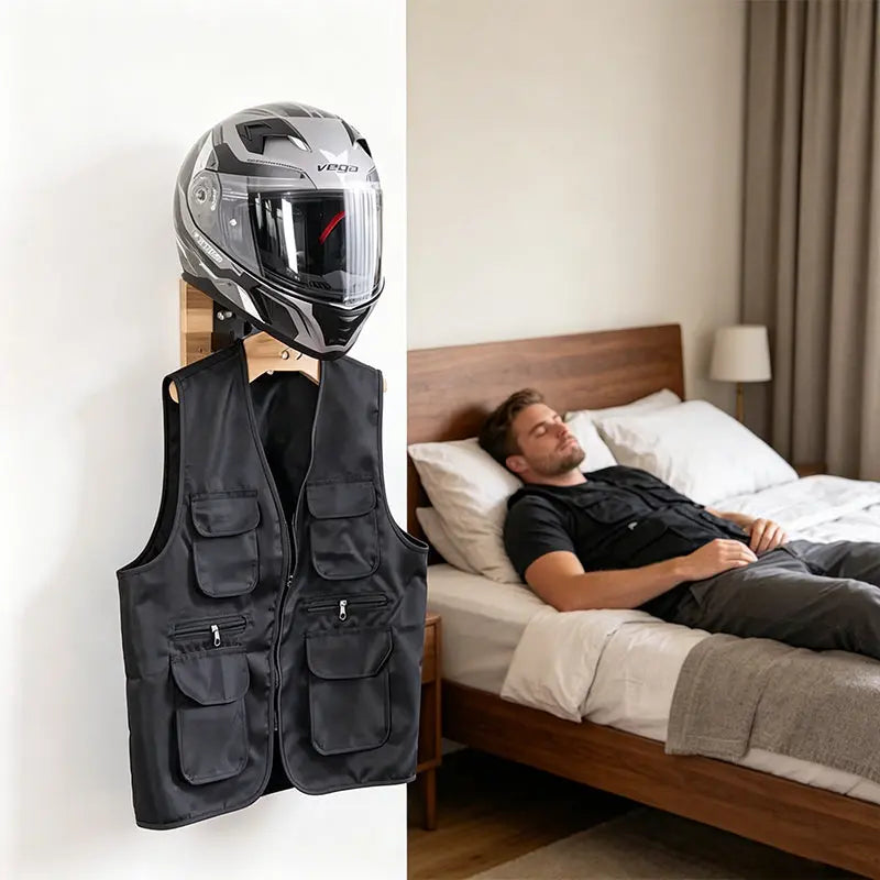 Wooden Motorcycle Helmet Wall Hanger - Stainless Steel Wall Mount for Storing Tactical Gear & Bike Accessories eprolo