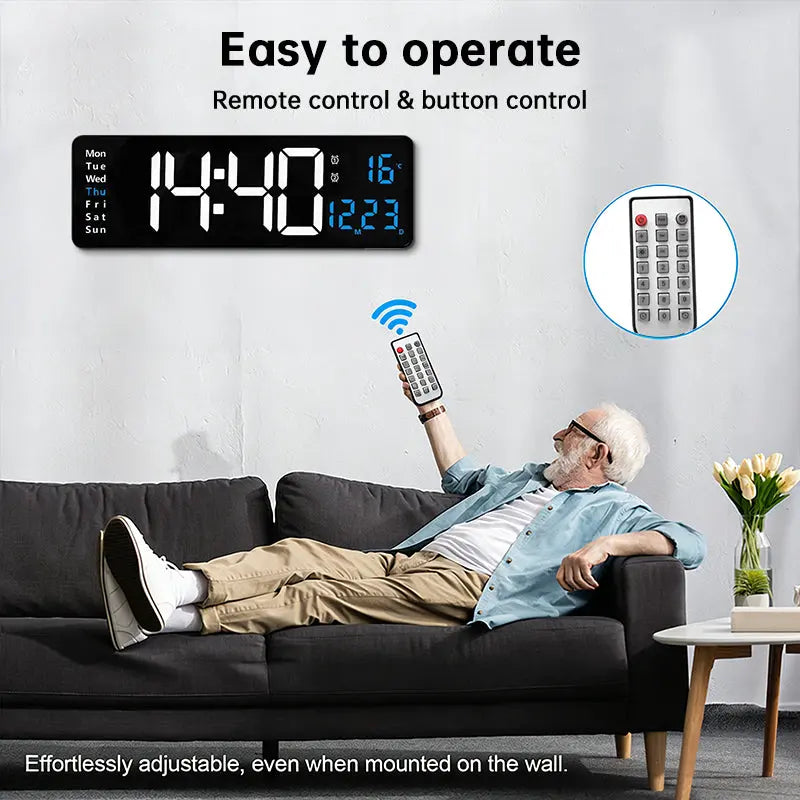 Large Digital Wall Clock with Remote Control, Temperature, Date, Week Display, Memory Function, Dual Alarms, and LED Wall Mount eprolo