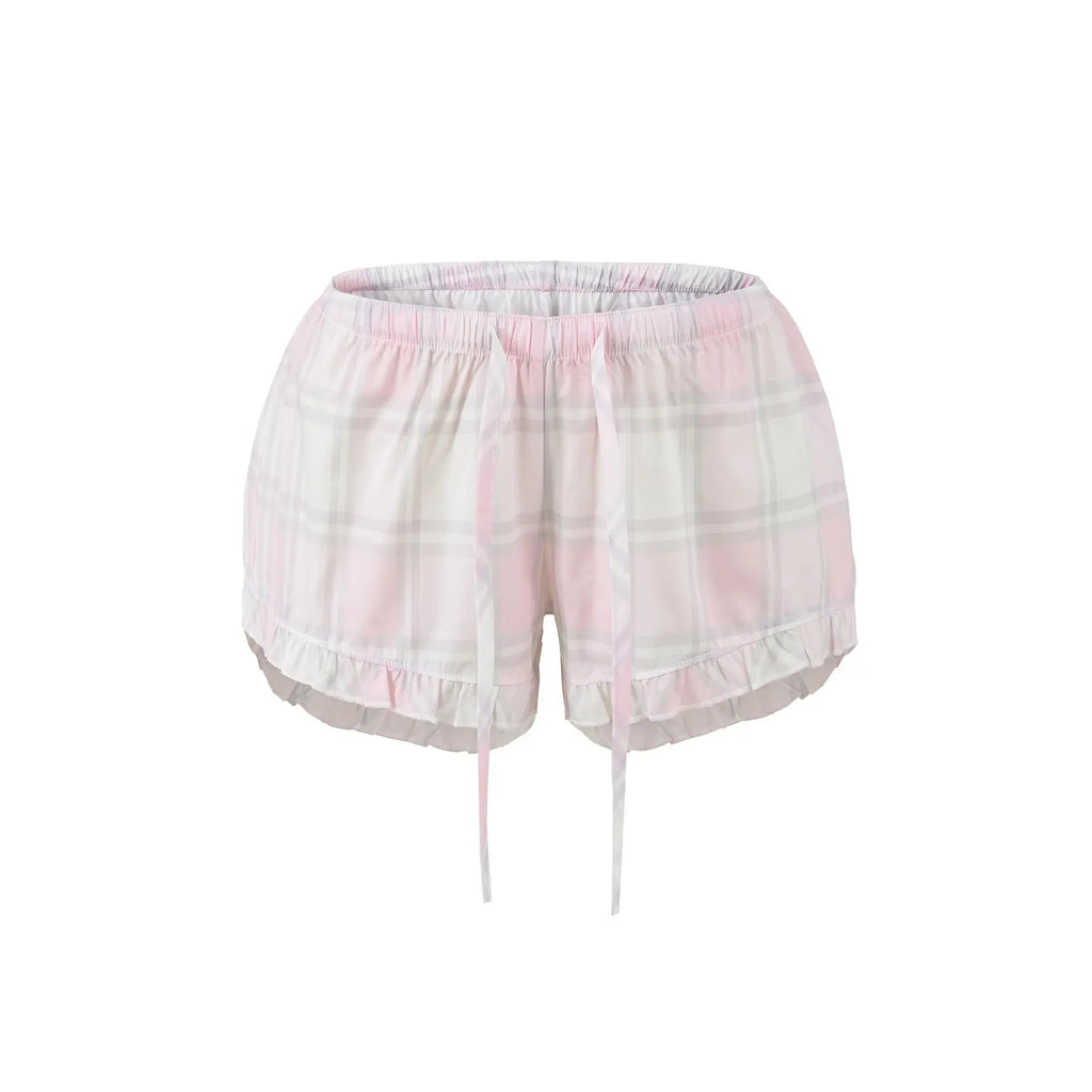 High waisted elastic waisted pink checkered shorts My Store