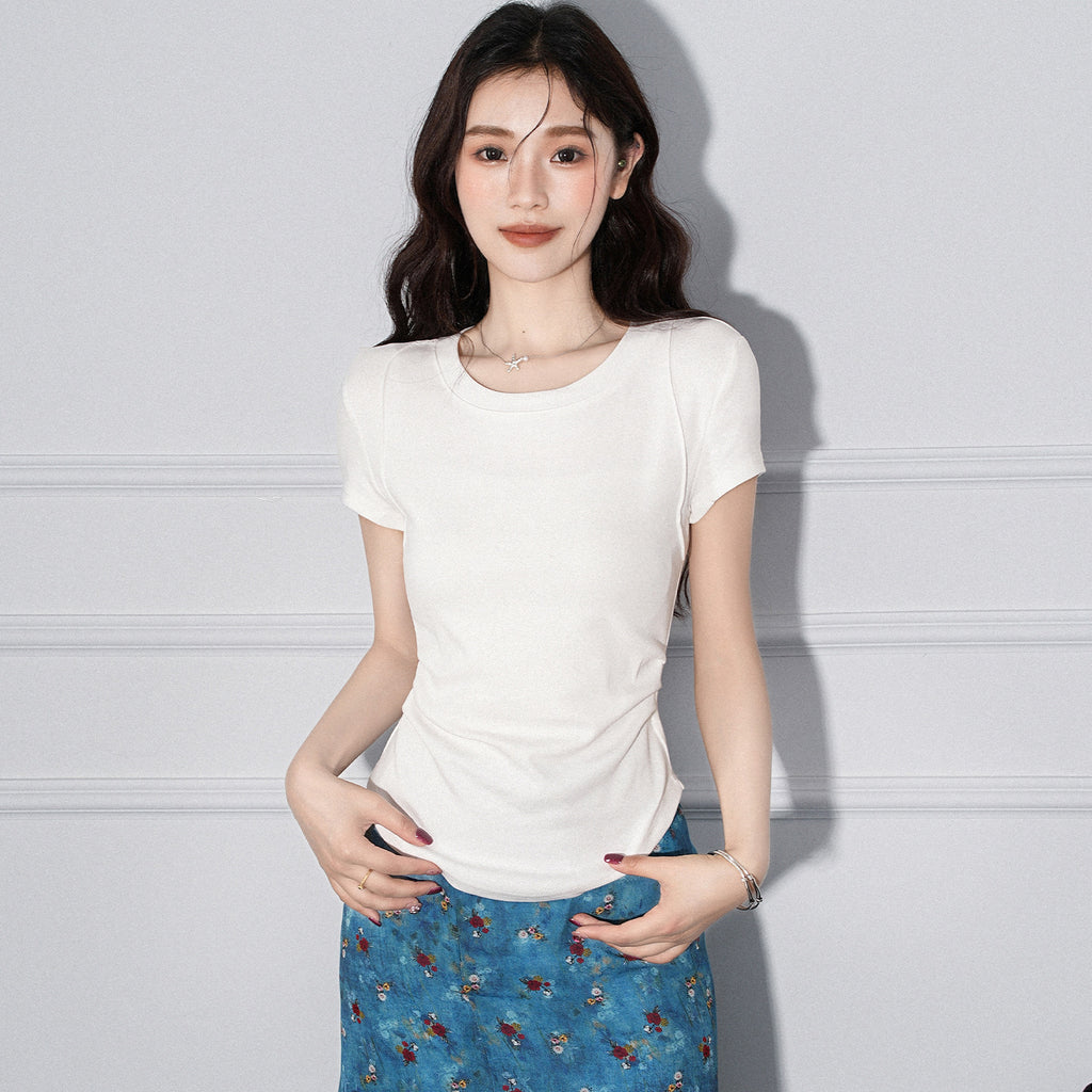 Round Neck Pleated Irregular Hem Short Sleeve T-Shirt for Women eprolo