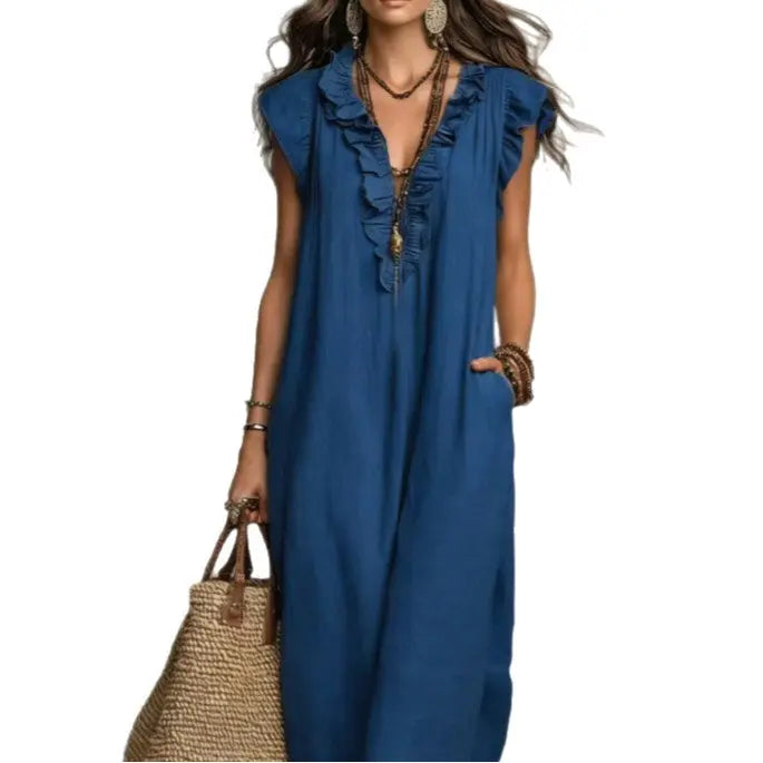 Solid color sleeveless V-neck vacation long dress eprolo
