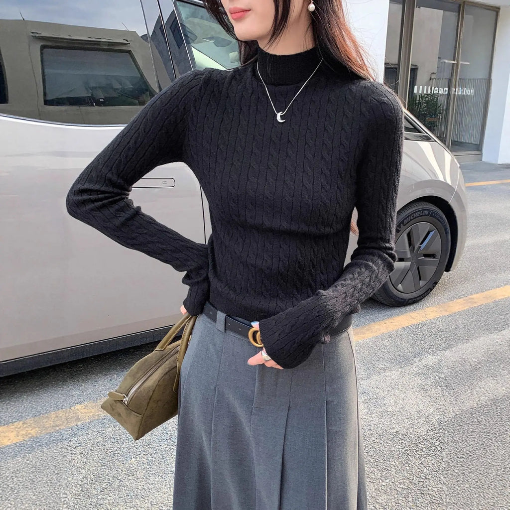 Chic Gray Cable Knit Crewneck Sweater Top for Women,  Slim Fit Short Length Underwear Shirt eprolo