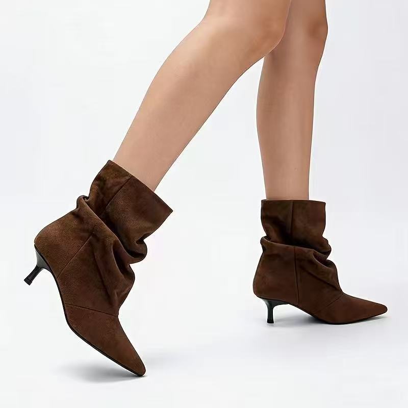 Pleated Mid-Calf Boots for Women Pointed Toe Medium Heel Velvet Boots eprolo