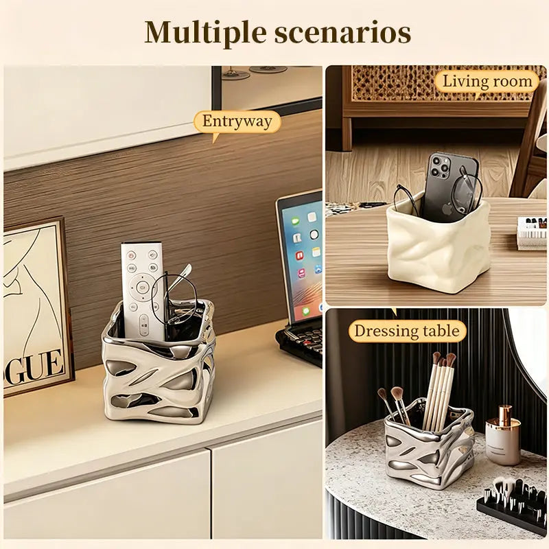 Ceramic Wavy Makeup Brush Holder - Dual-Use Minimalist Storage Jar for Vanity & Office Desk Organizer eprolo