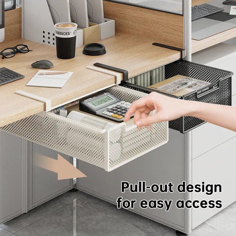 Desktop Drawer Organizer, Under-Desk Hanging Storage Box, Iron Mesh Office Supply, Long Rectangle Design, Chinese Style eprolo