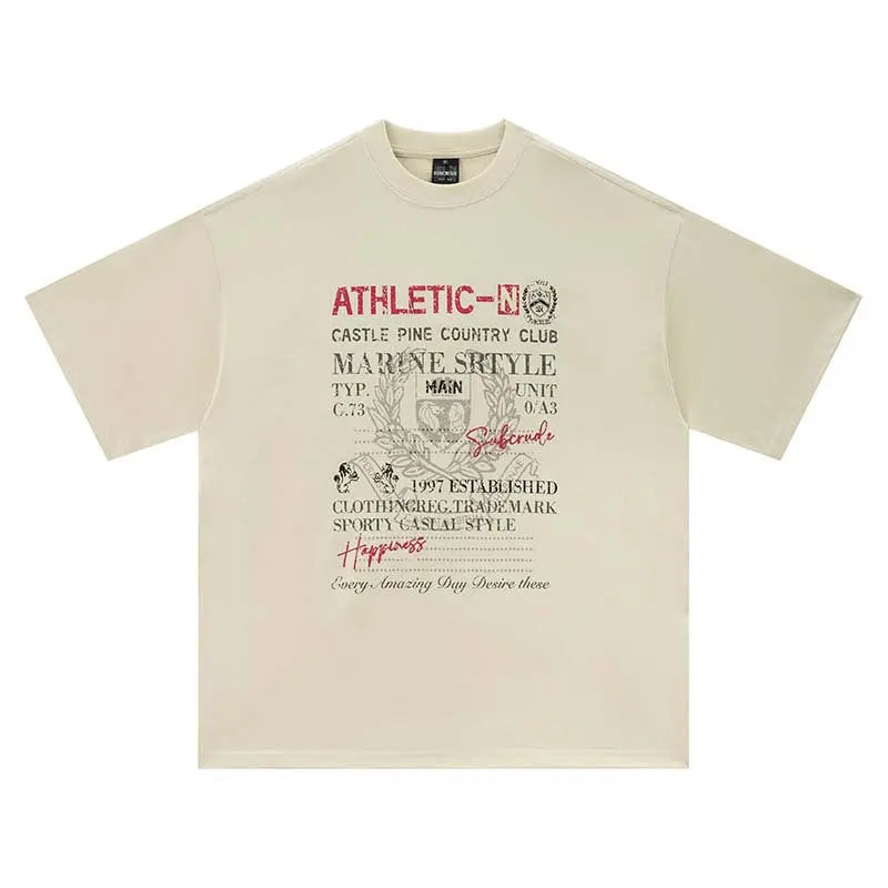 Badge mottled letter print round neck short sleeved shirt eprolo