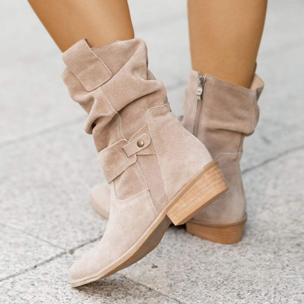 Low heeled square heeled suede pleated low cut boots eprolo