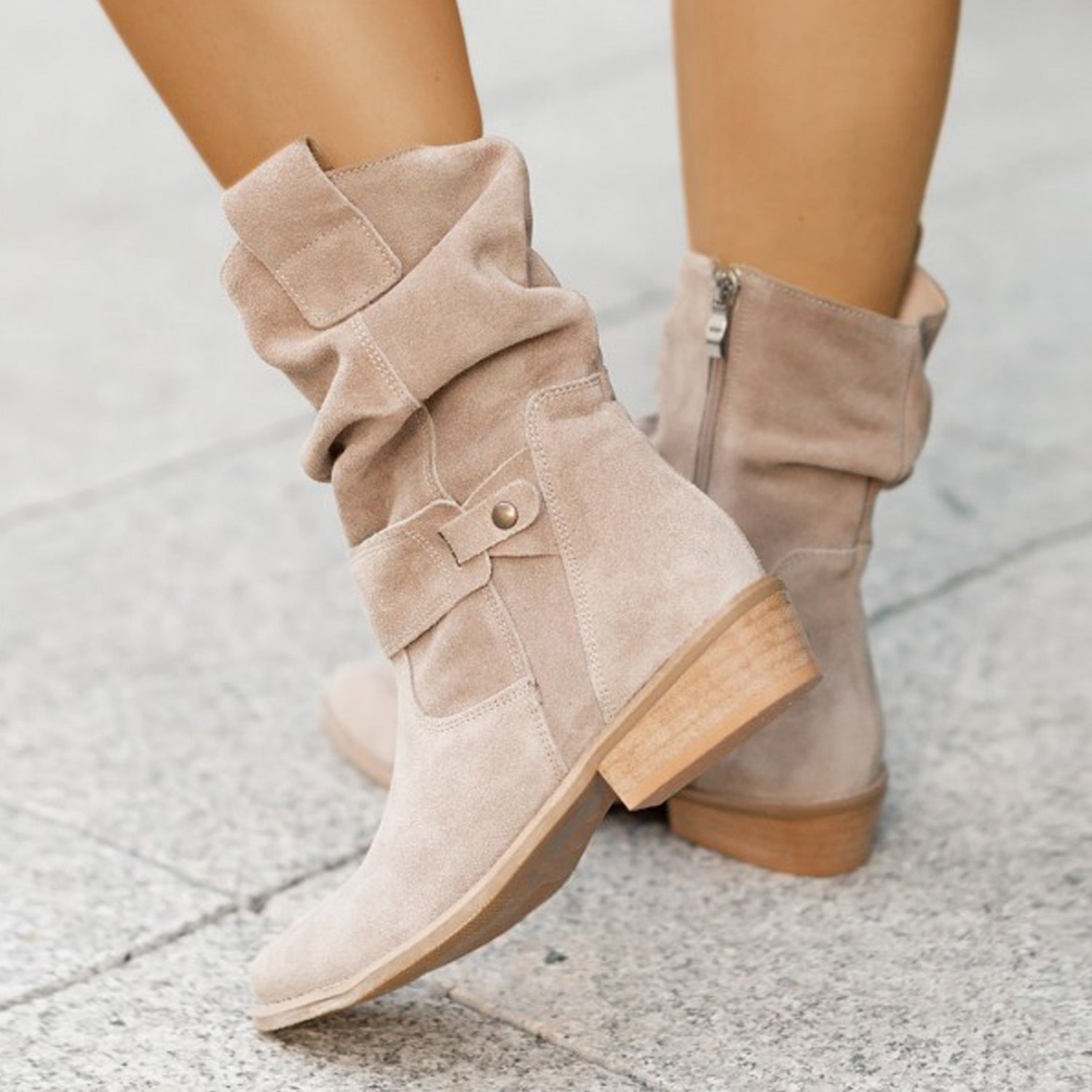 Low heeled square heeled suede pleated low cut boots eprolo