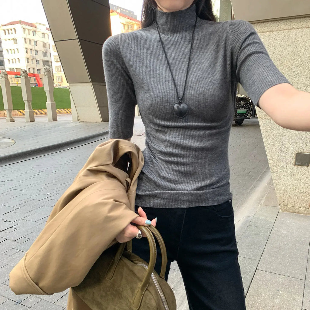 Semi-High Neck Knitted Short Sleeve Bodysuit for Women, Slim Fit, Elegant, Five-Quarter Sleeve Wool Top eprolo