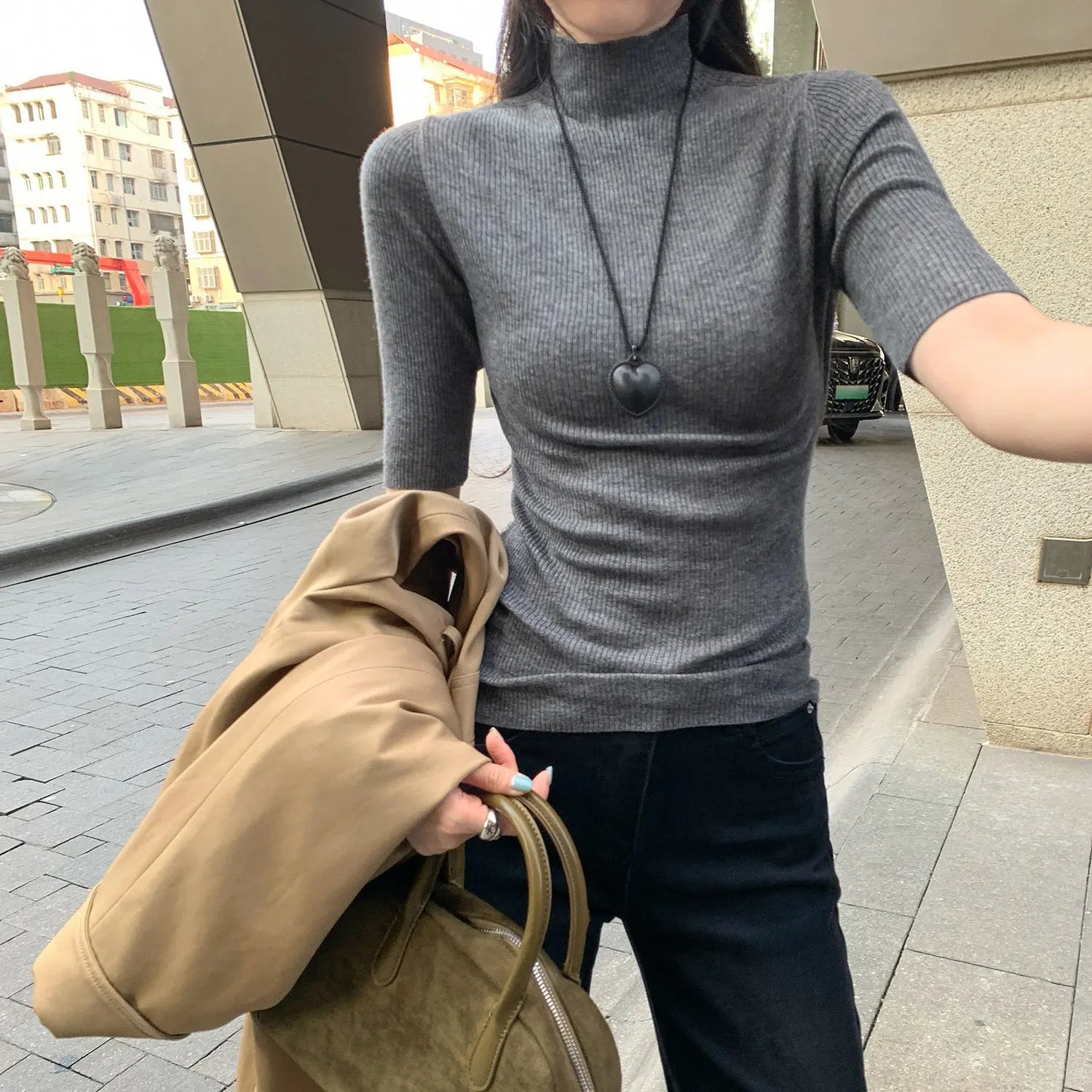 Semi-High Neck Knitted Short Sleeve Bodysuit for Women, Slim Fit, Elegant, Five-Quarter Sleeve Wool Top eprolo