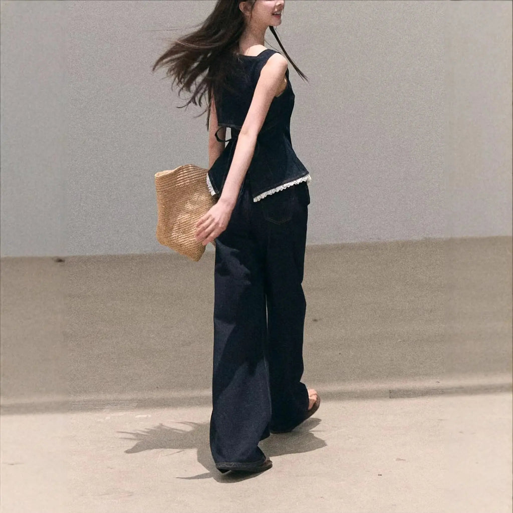 Bohemian Lace Denim Strap Wide-Leg Pants Set Sun-Kissed Look eprolo