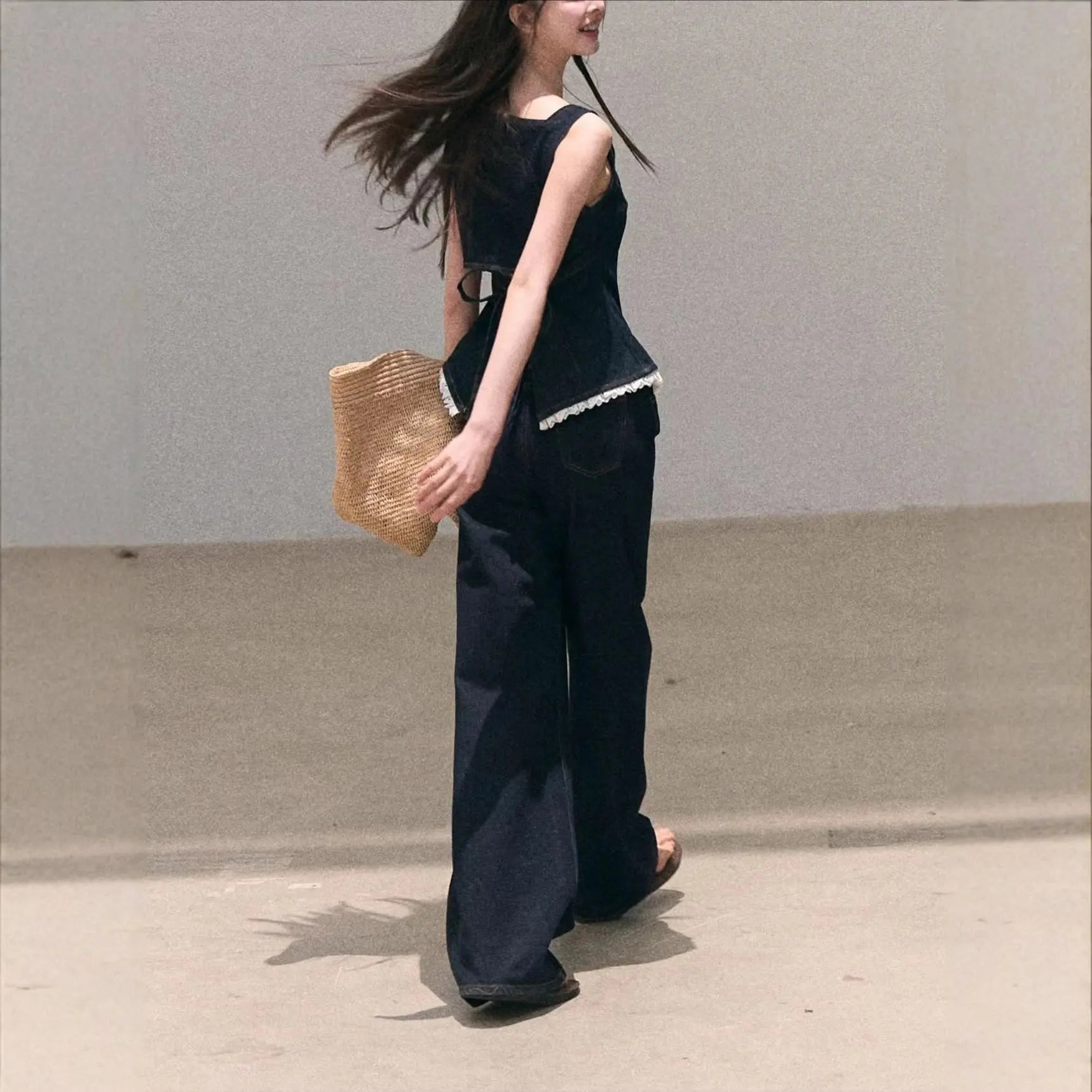 Bohemian Lace Denim Strap Wide-Leg Pants Set Sun-Kissed Look eprolo