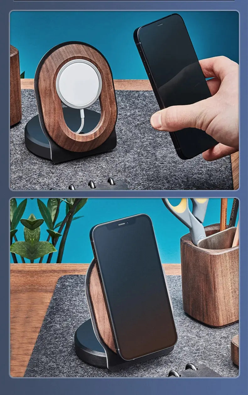 Wooden Desk Shelf Accessories Walnut Wireless Magnetic Charger Wireless Charging Stand For Magsafe eprolo