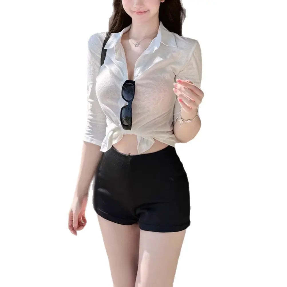 Snow Cotton Semi-Transparent Mid-Sleeve Shirt Pure Desire Style Sexy Blouse for Women eprolo