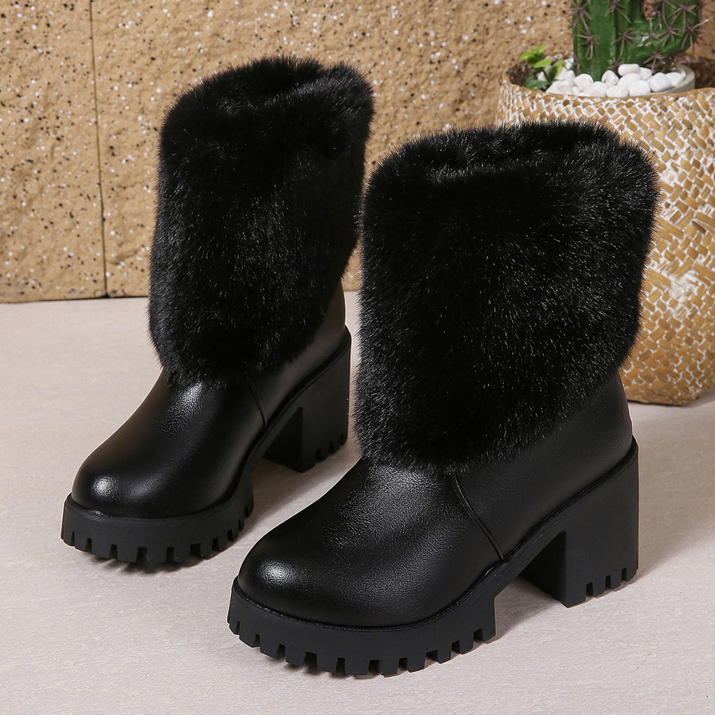Fashion Winter Snow Boots Women's High Heel Short Boots with Thick Fleece Lining Warm Cotton Boots with Thick Chunky Heel Slip-Resistant Women's Boots eprolo