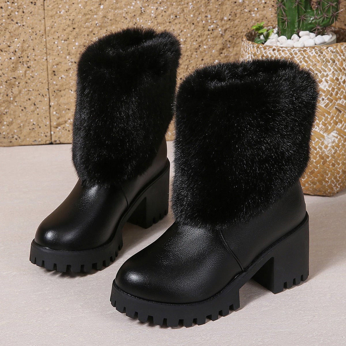 Fashion Winter Snow Boots Women's High Heel Short Boots with Thick Fleece Lining Warm Cotton Boots with Thick Chunky Heel Slip-Resistant Women's Boots eprolo