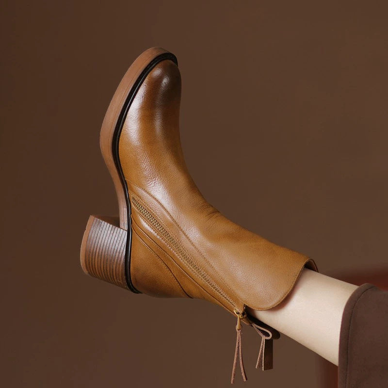 Round headed double zipper thick heel sponge bottom brown retro Martin boots for women eprolo