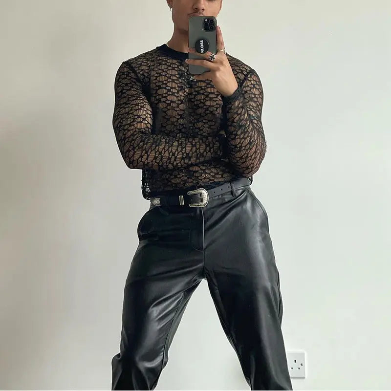 Casual Long Sleeve T-Shirt Men's Fashion Lace Hollow Out Slim Fit Semi-Transparent Black Top eprolo