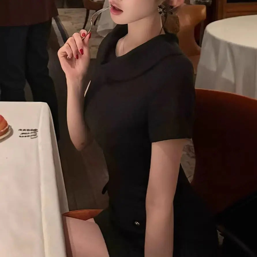 Hepburn Style Tailored Slim-Fitting Dress Elegant Boat Neck Black Dress eprolo