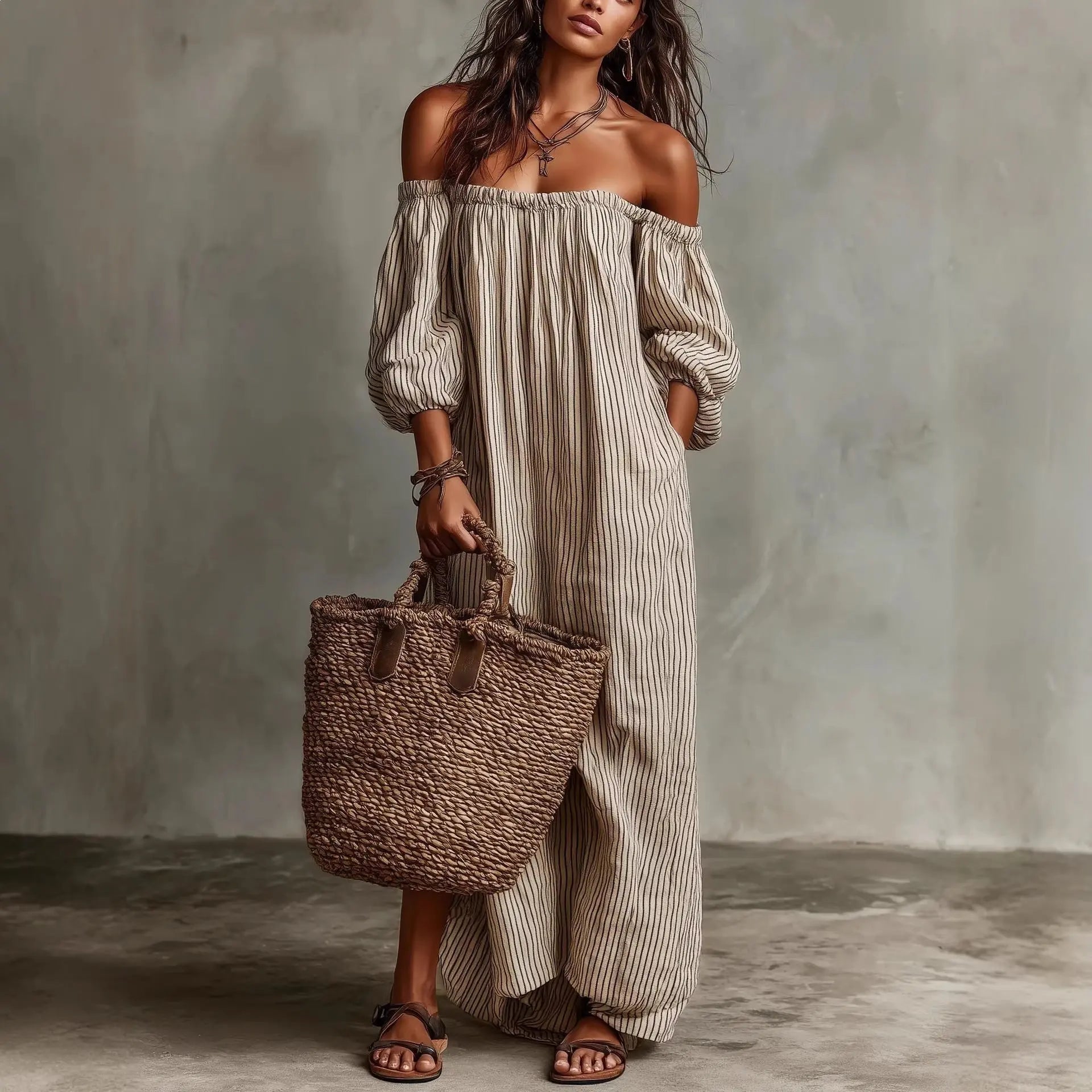 Shoulder revealing long sleeved dress with stripes eprolo