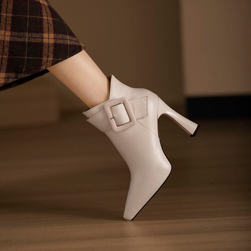 Faux Leather Pointed Toe High Heel Ankle Boots with Buckle Detail for Women eprolo