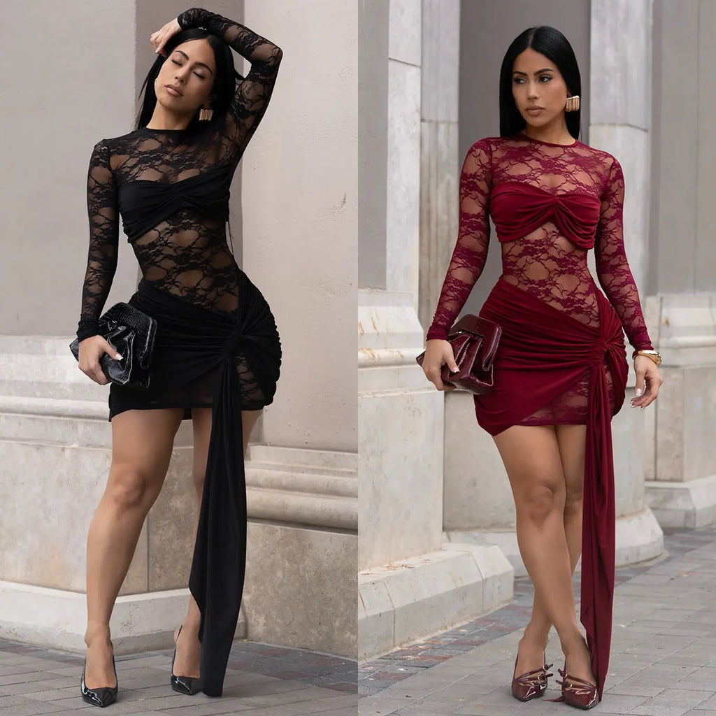 Tight lace see through patchwork dress eprolo