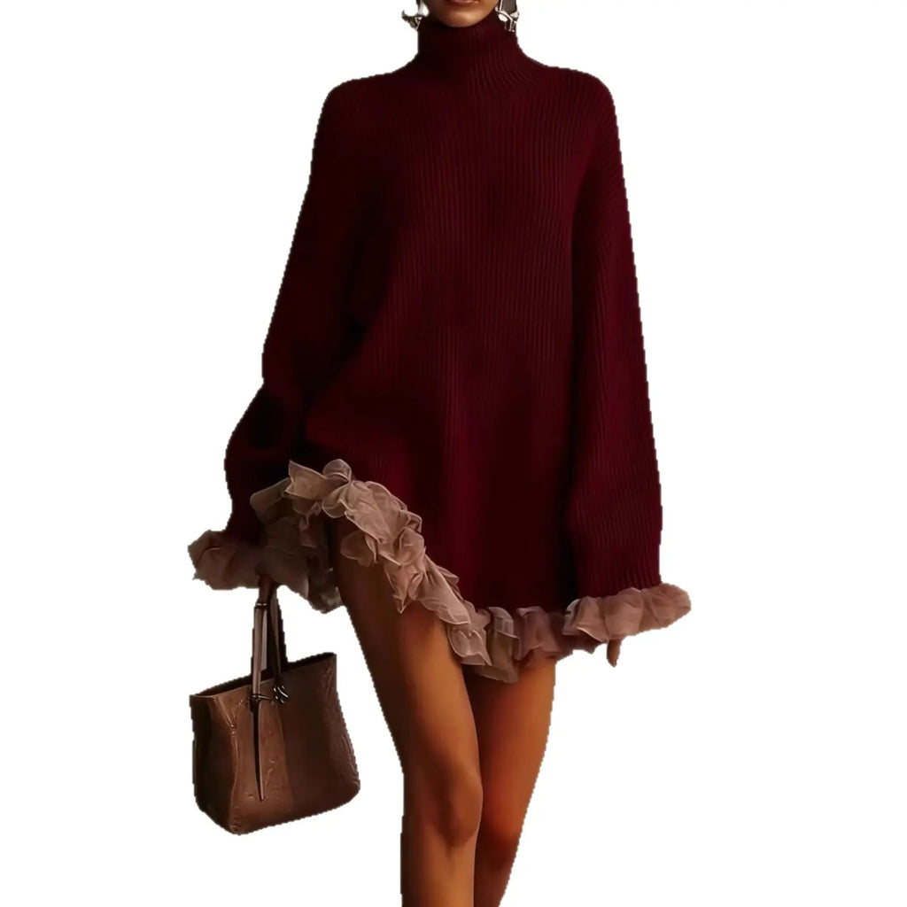 High neck knitted small groove strip with ruffle edge splicing long sleeve eprolo