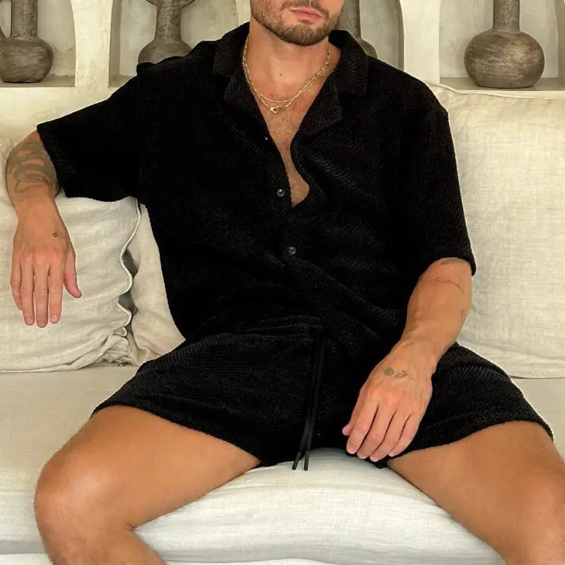 Men's Casual Summer Shirt and Shorts Set with Flip Collar eprolo