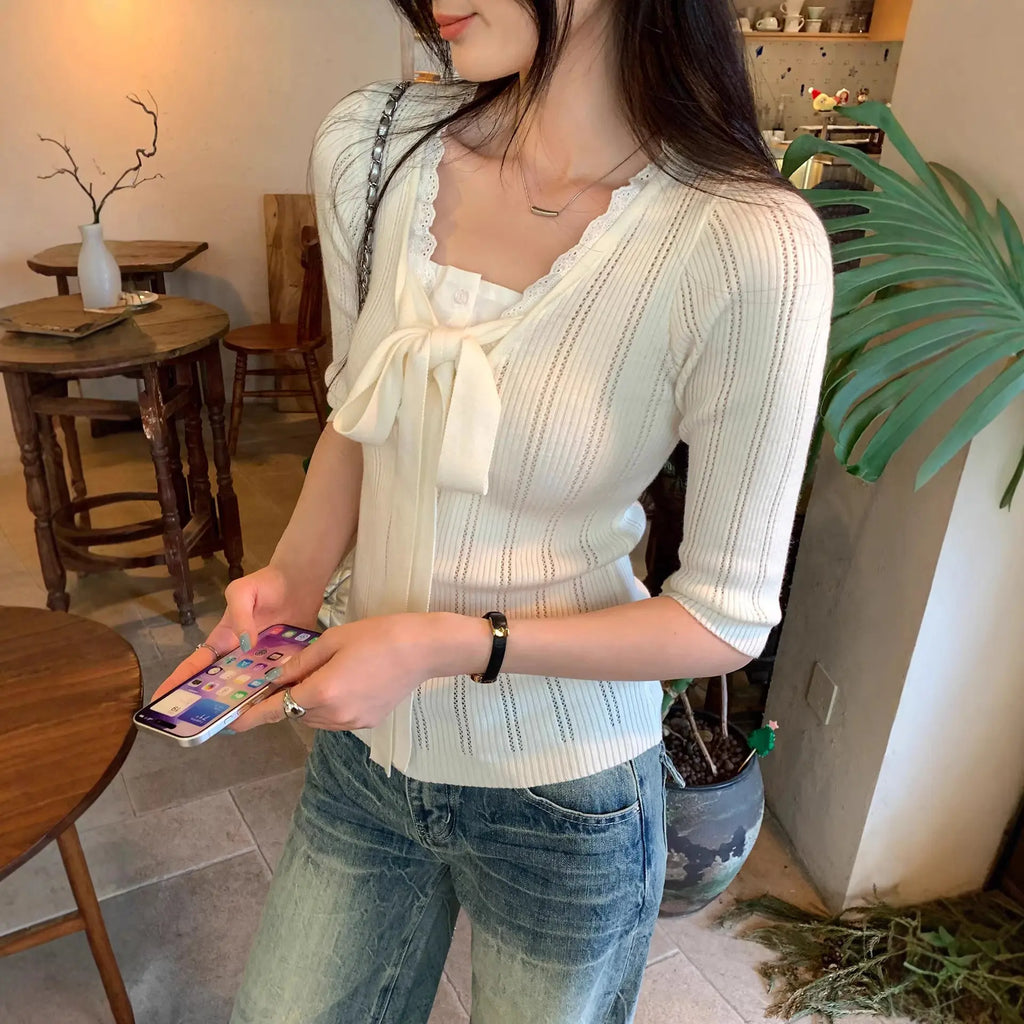 Lace Spliced Mock Two-Piece Knotted Knit Top for Women eprolo