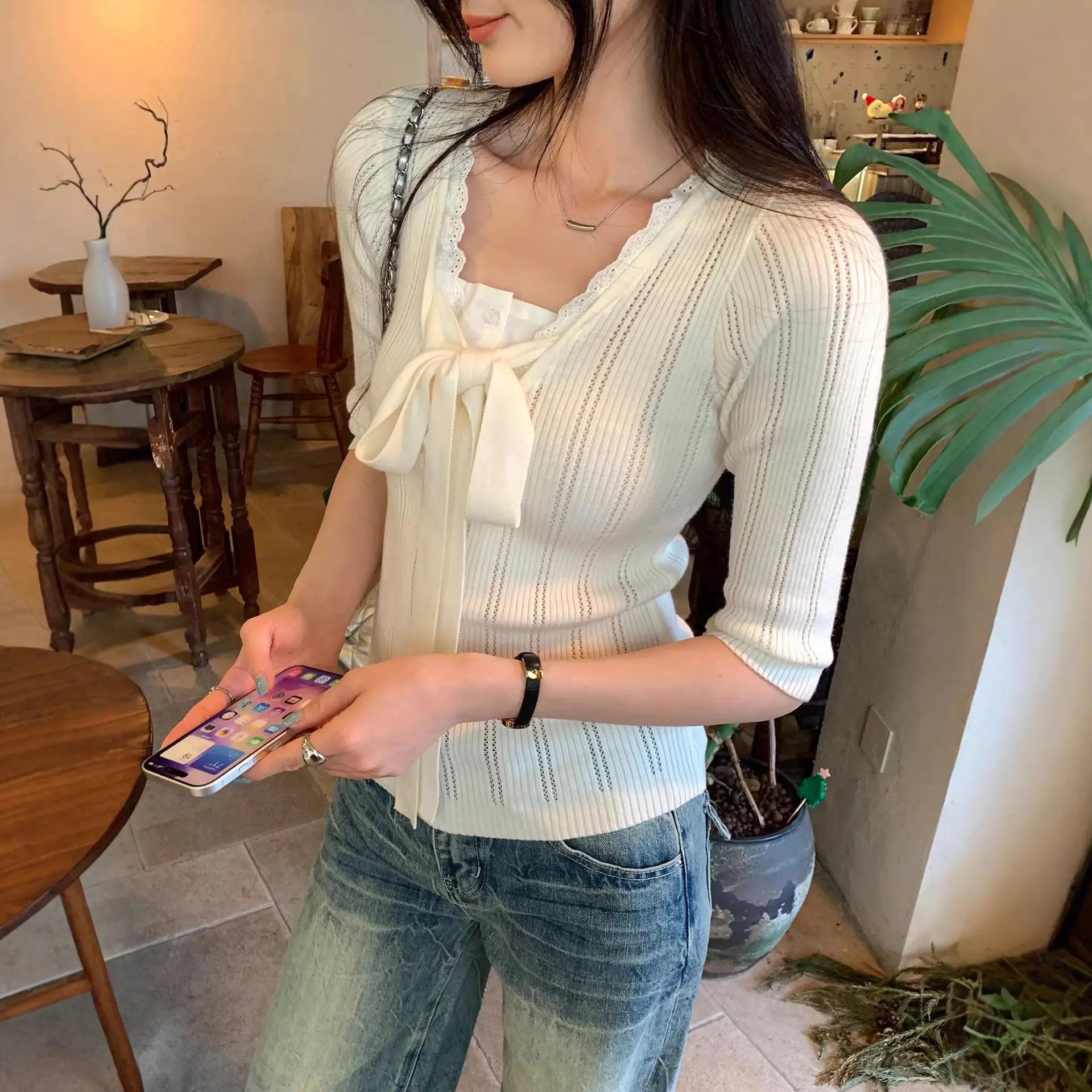 Lace Spliced Mock Two-Piece Knotted Knit Top for Women eprolo