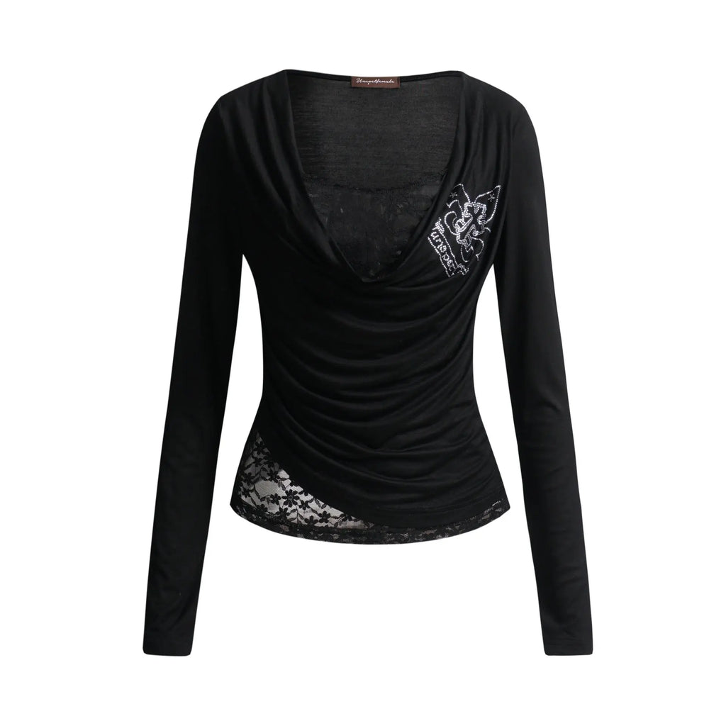 Lace patchwork slanted shoulder long sleeved T-shirt for women eprolo