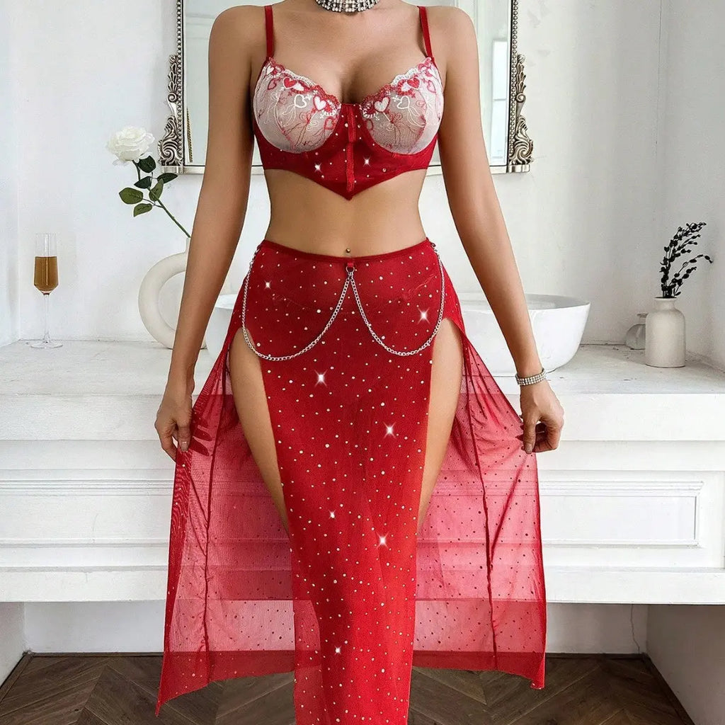 Embroidered Bra Split Red Three Piece Set Sexy Underwear for Women eprolo