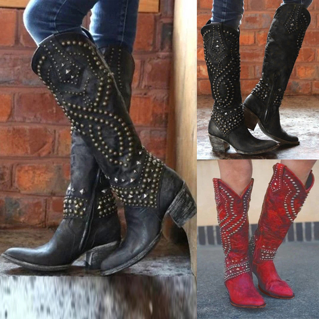 Riveted long boots thick heel middle heel riveted high heeled women's boots eprolo