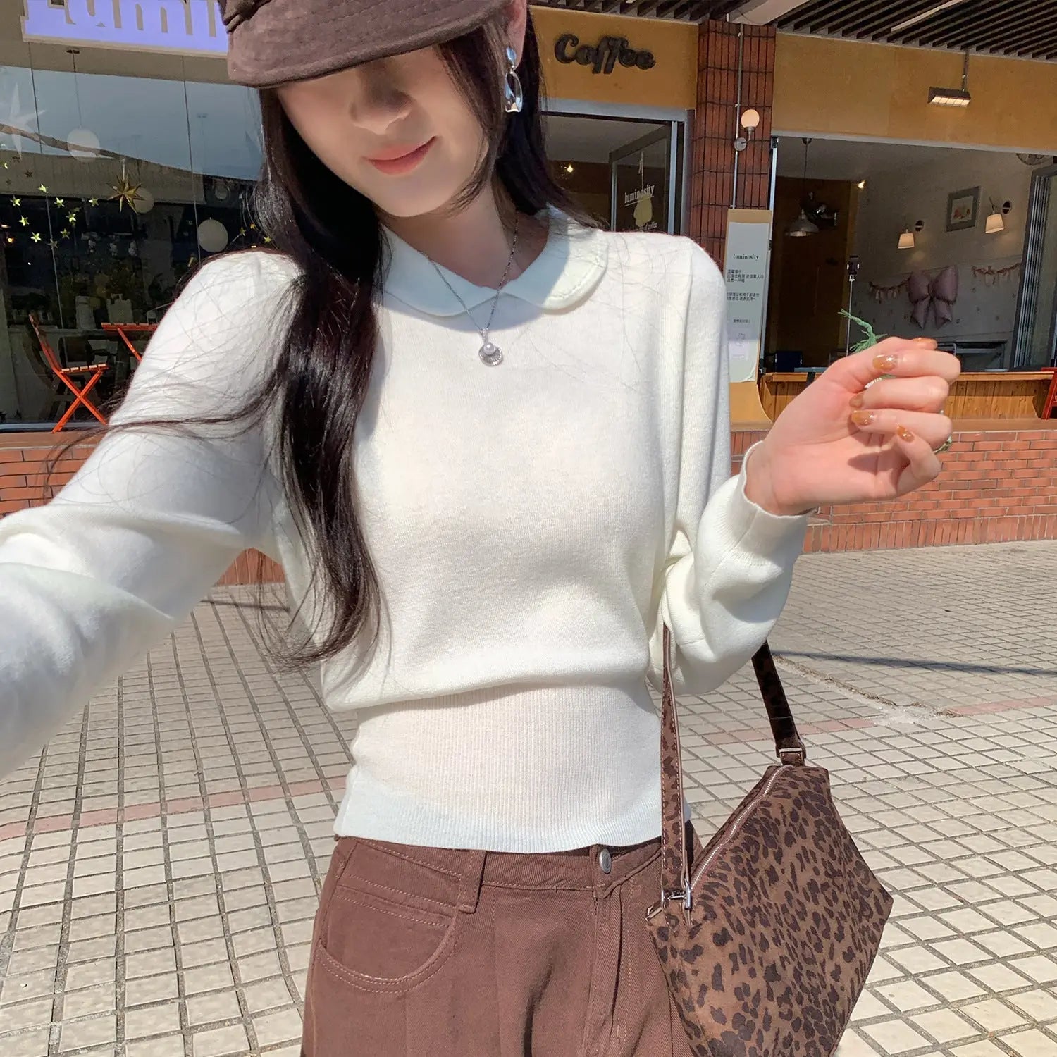 Unique White Peter Pan Collar Knit Bodysuit for Women,Waist-Cinching, Slimming Inner Layer Top eprolo