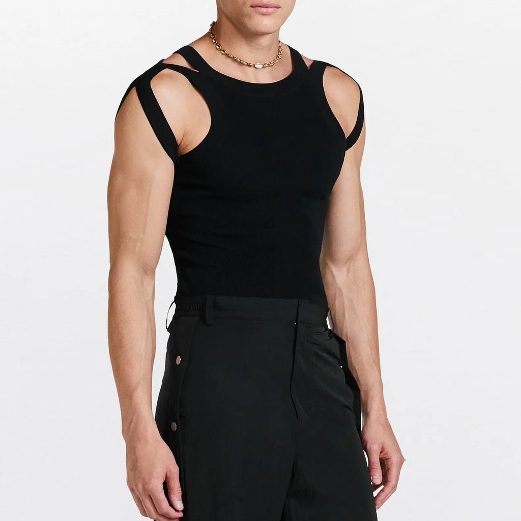 Individualist Strap Double-Strap Hollow Knit Vest Elastic Fitted Top, Unique Design Sense T-Shirt for Men eprolo