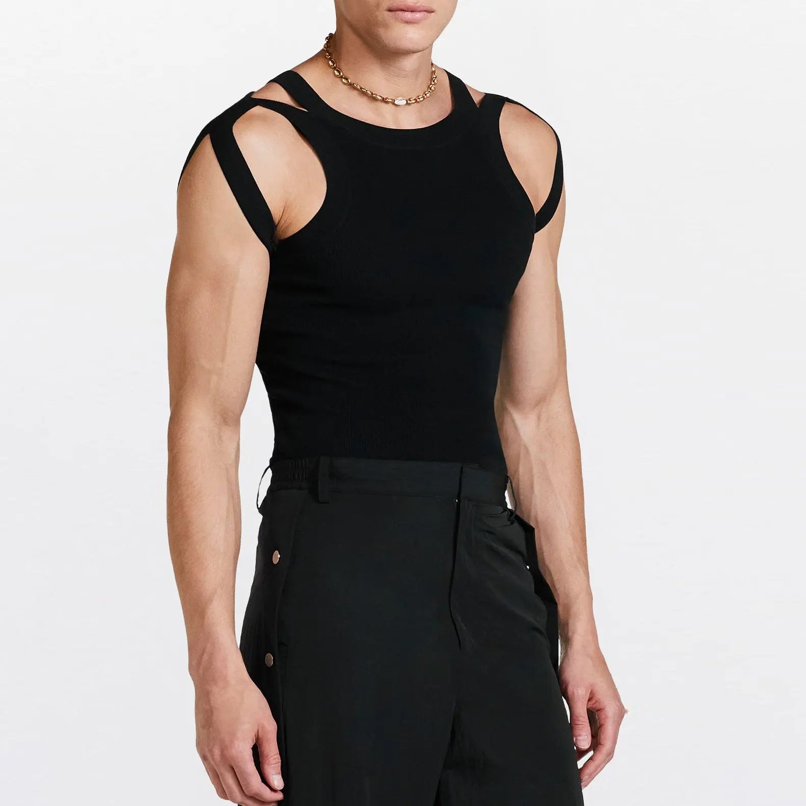 Individualist Strap Double-Strap Hollow Knit Vest Elastic Fitted Top, Unique Design Sense T-Shirt for Men eprolo