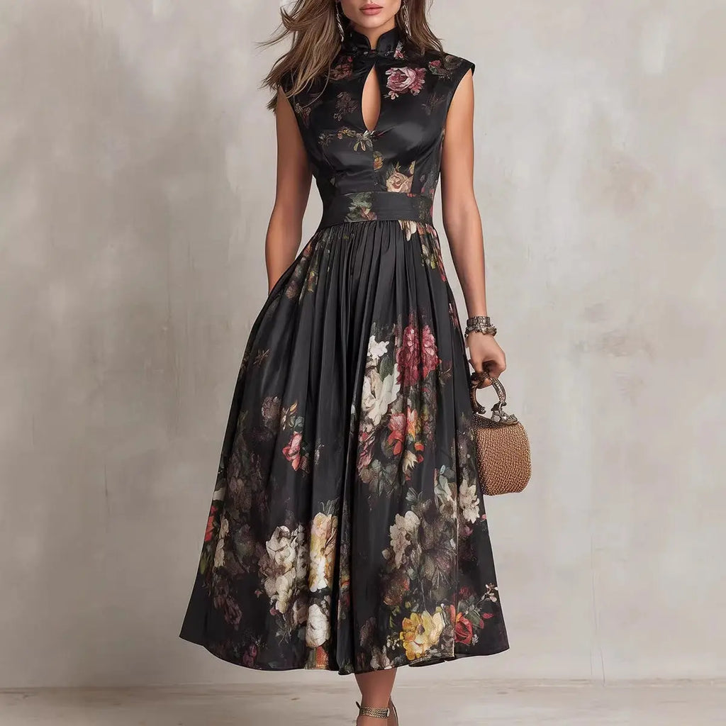 Sleeveless black digital printed long skirt eprolo
