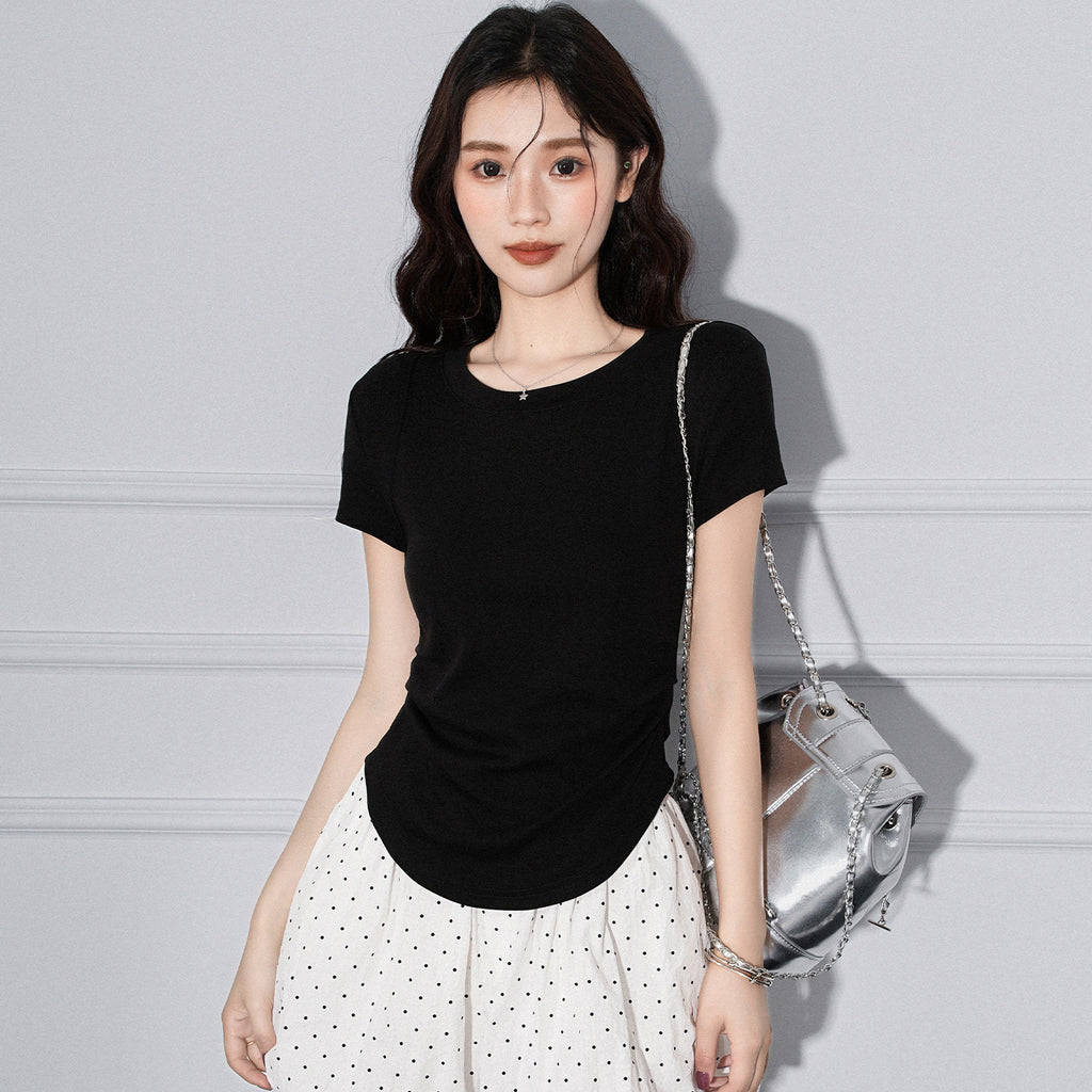 Round Neck Pleated Irregular Hem Short Sleeve T-Shirt for Women eprolo
