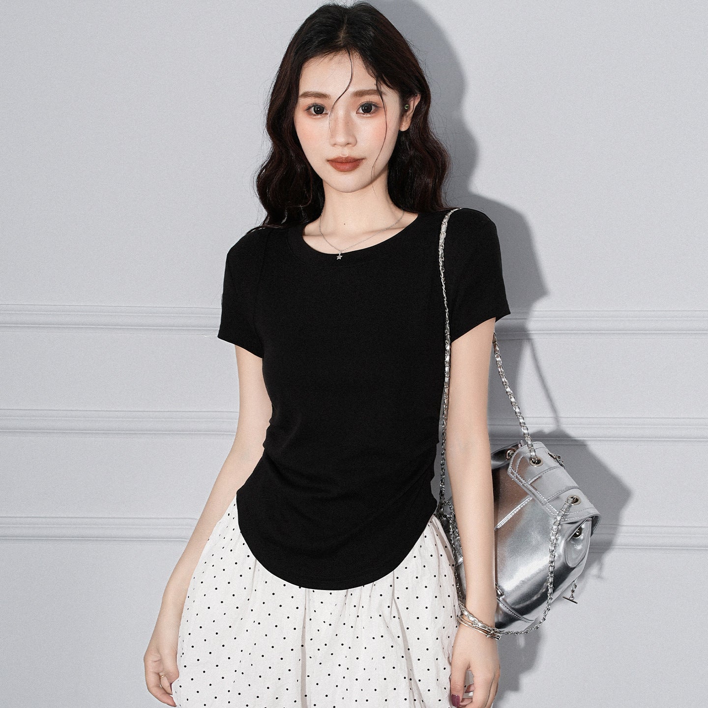 Round Neck Pleated Irregular Hem Short Sleeve T-Shirt for Women eprolo