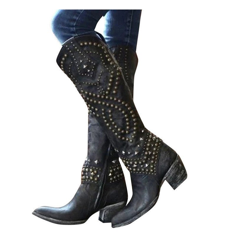 Riveted long boots thick heel middle heel riveted high heeled women's boots eprolo