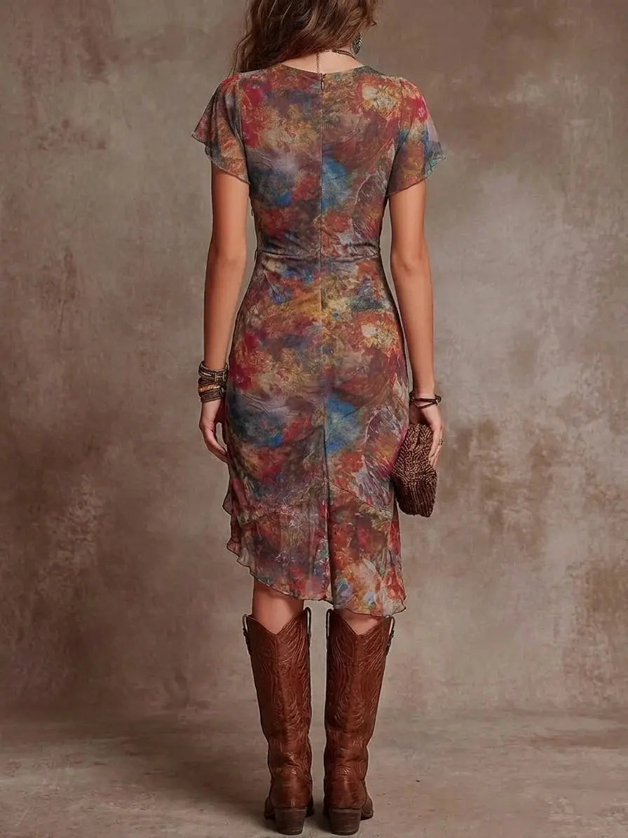 Printed V-neck waist cinching dress eprolo