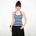 Blue and White Stripe Crop Top for Women, Knit Halter Neck Sleeveless Vest eprolo